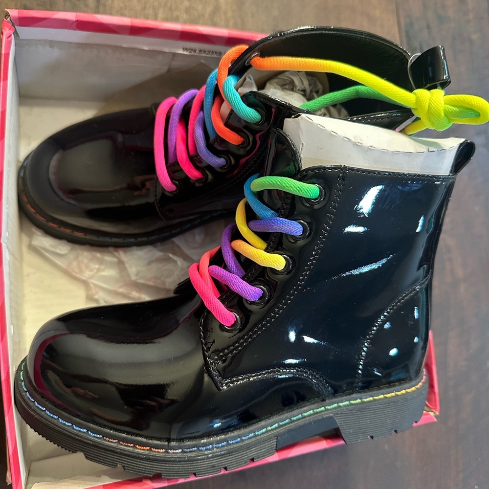 Hawkwell Kids Black Boots with Rainbow Laces